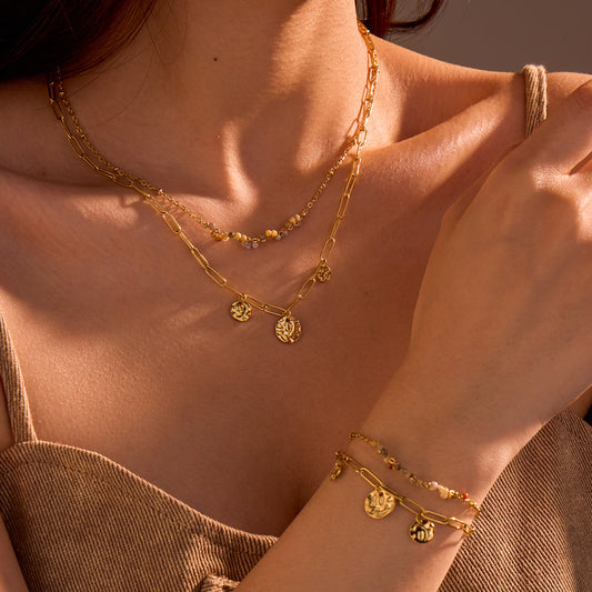 Elegante Set Collana in Acciaio Inossidabile con Pendente in Pietra Naturale e Bracciale Coordinato da Donna