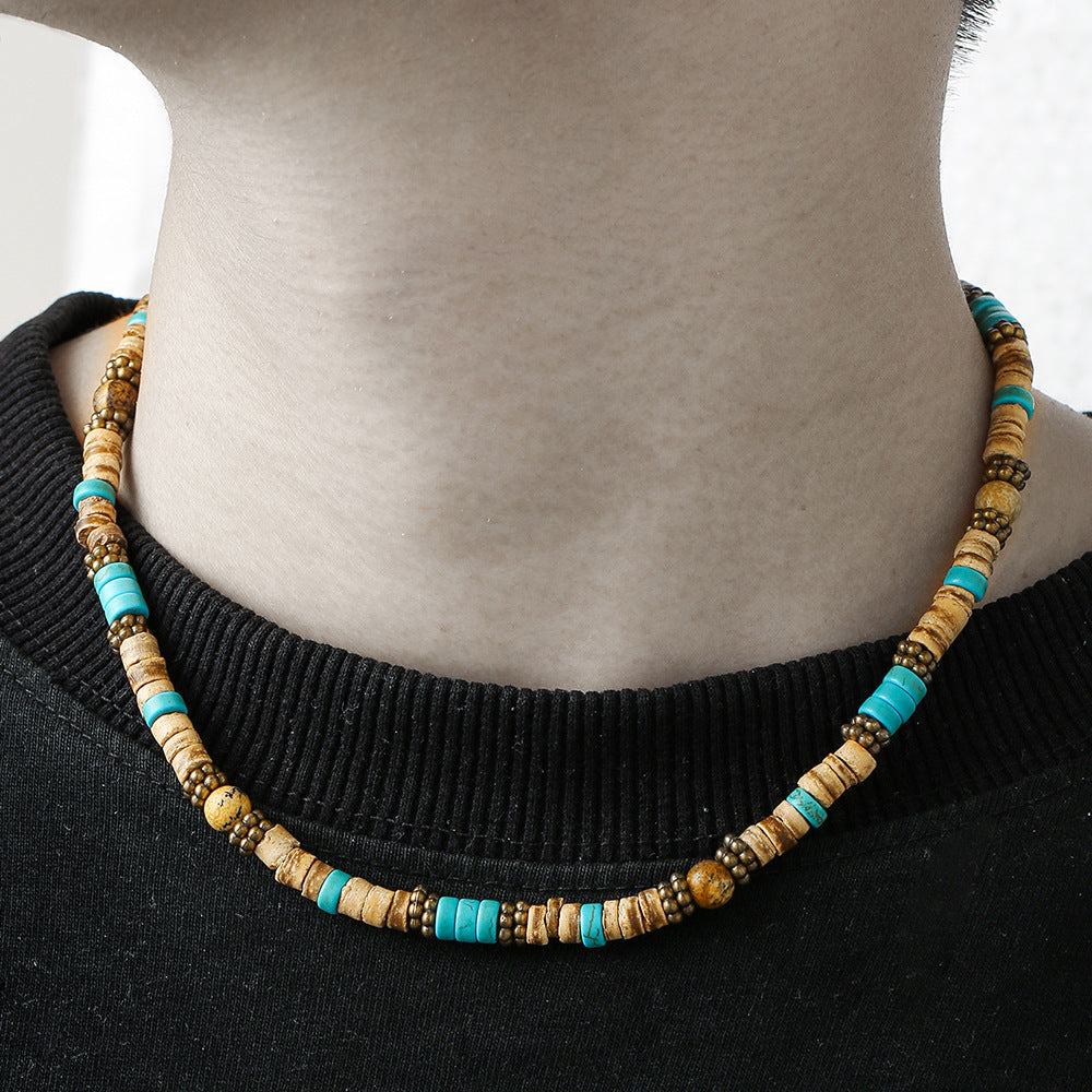 Bohemian Geometric Wood Turquoise Ball Chain Necklace Unisex
