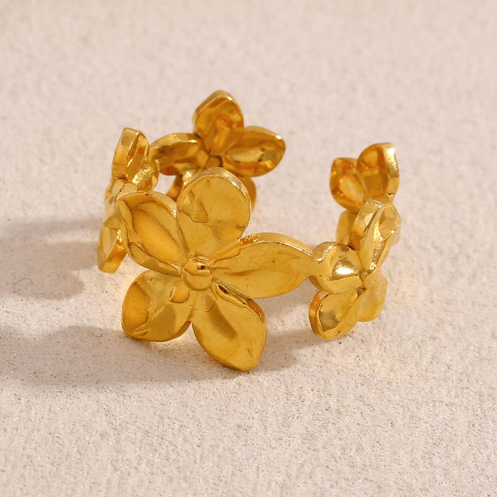 Fashionable Floral Open Ring in Stainless Steel with 18K Gold Plating for Women