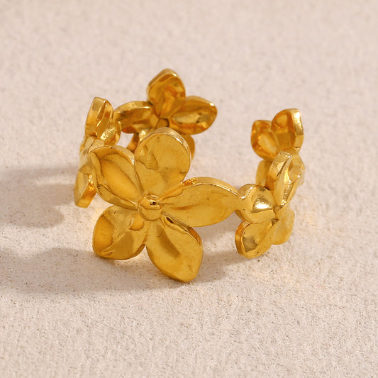Fashionable Floral Open Ring in Stainless Steel with 18K Gold Plating for Women