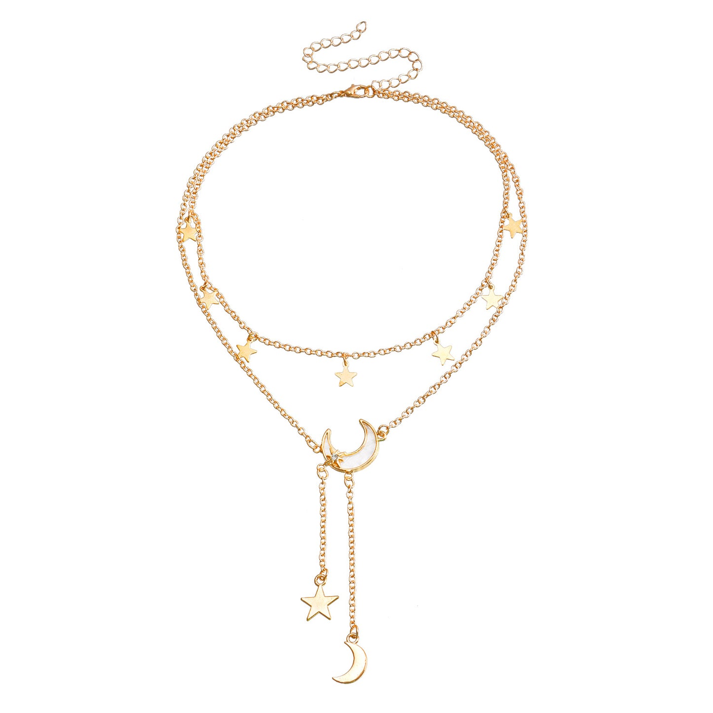 Fashionable Y-Shaped Double-Layer Long Tassel Necklace for Women with Star and Crescent Pendant in Alloy with Plated Finish