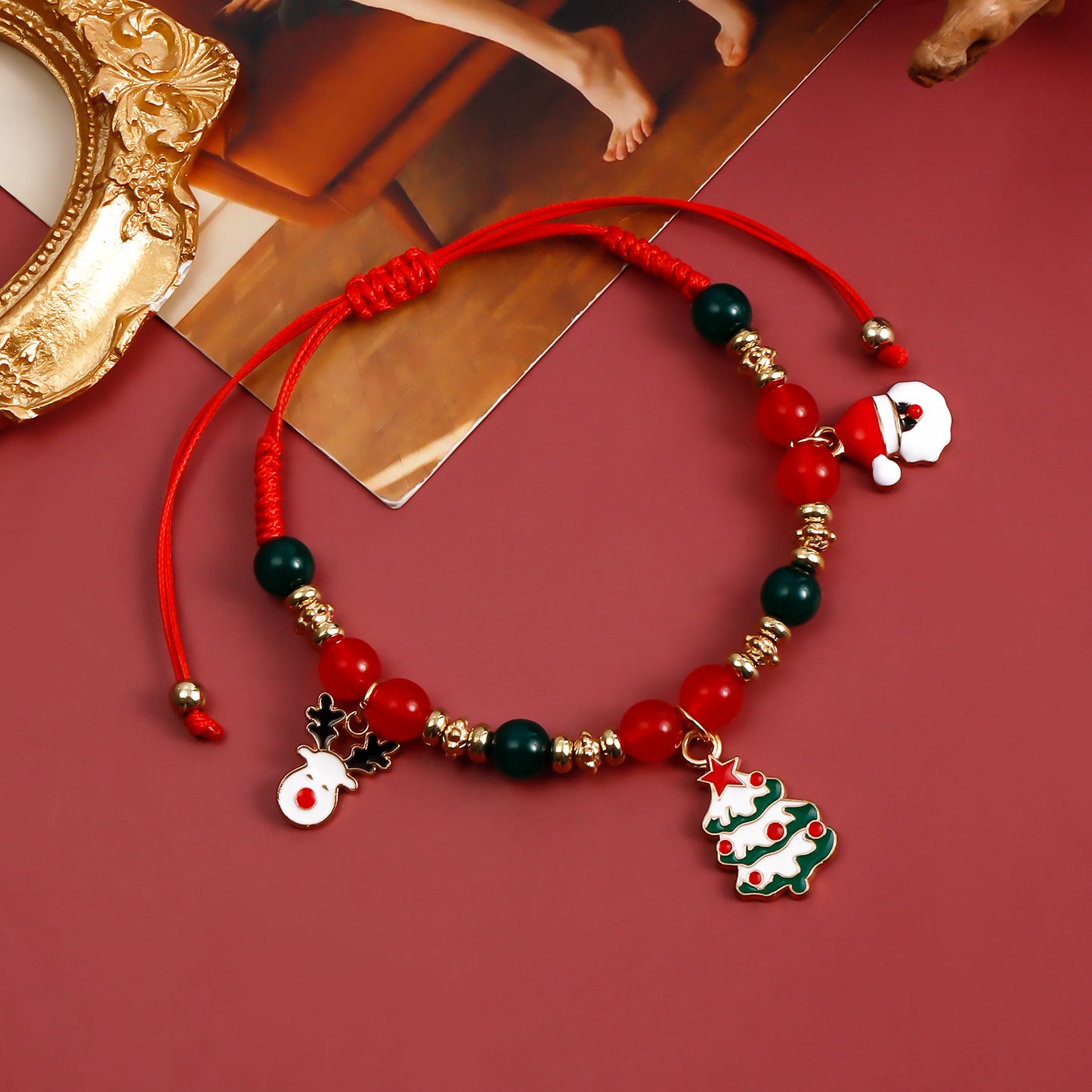 Handmade Beaded Christmas Bracelet Set with Snowman Reindeer and Bell Charms in Red Color Geometric Design Electroplated Women's Jewelry Gift