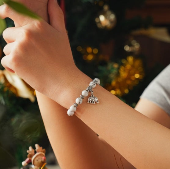Minimalist Natural White Turquoise Elephant Pendant Beaded Bracelet for Women