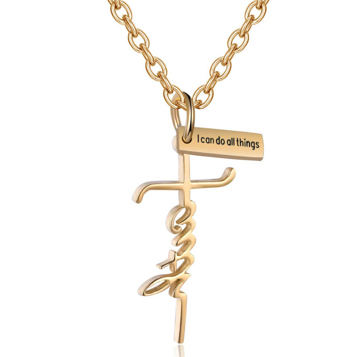 Natural Style Letter and Cross Pendant Necklace in Stainless Steel with Titanium Steel Charm, Polished Finish for Women