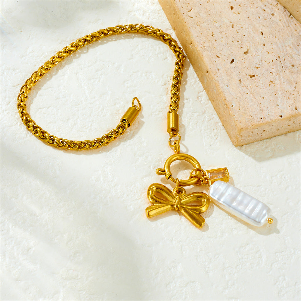 Minimalist Elegant Gold Plated Rope Chain Stainless Steel Bracelet with Shell Bow Pendant