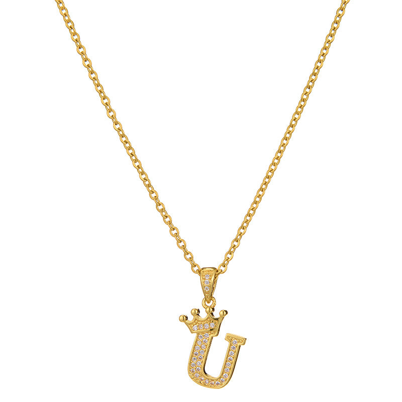 Collana da donna in acciaio inossidabile a forma di corona, minimalista, con zirconi cubici micro-pavé e charm a lettera
