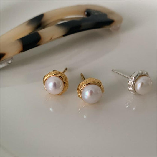 Orecchini a perno asimmetrici in argento sterling 925 con perla, stile coreano minimalista e design geometrico smussato