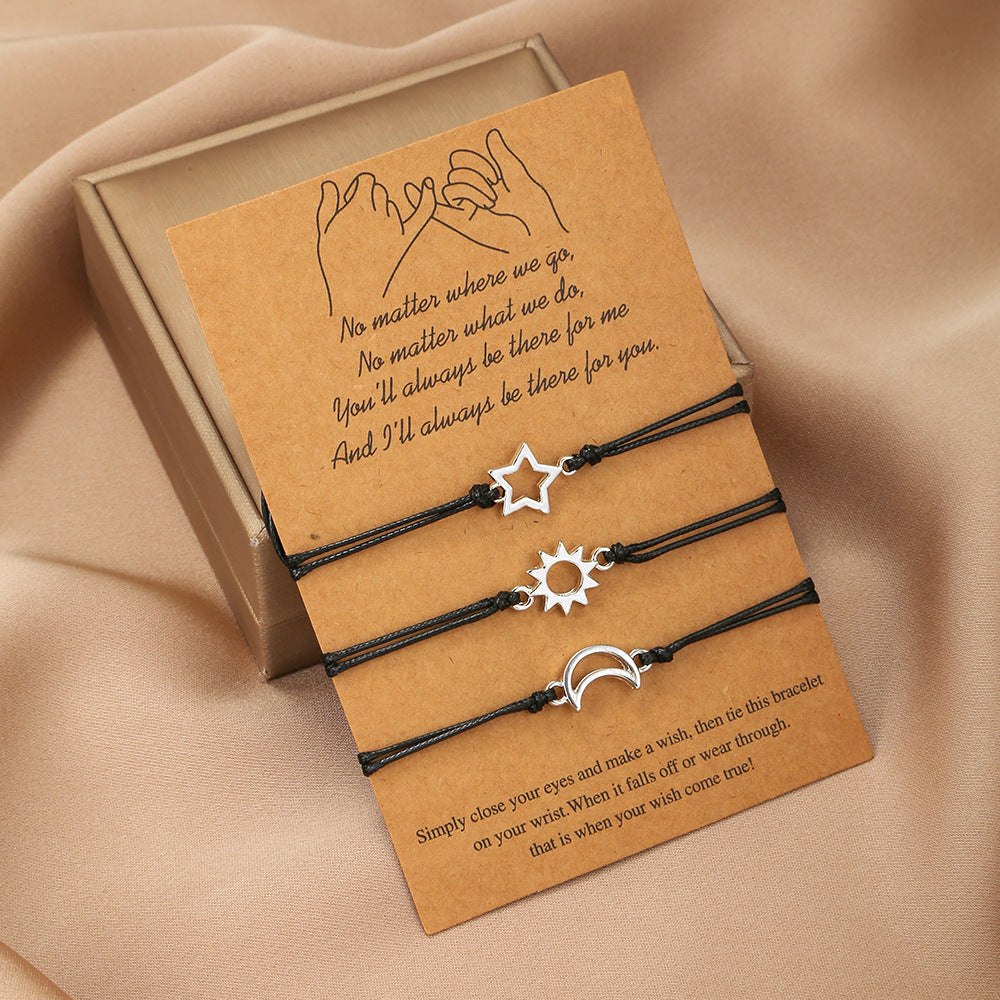 Personalized Geometric Star Moon Stainless Steel Woven Cord Bracelet Set