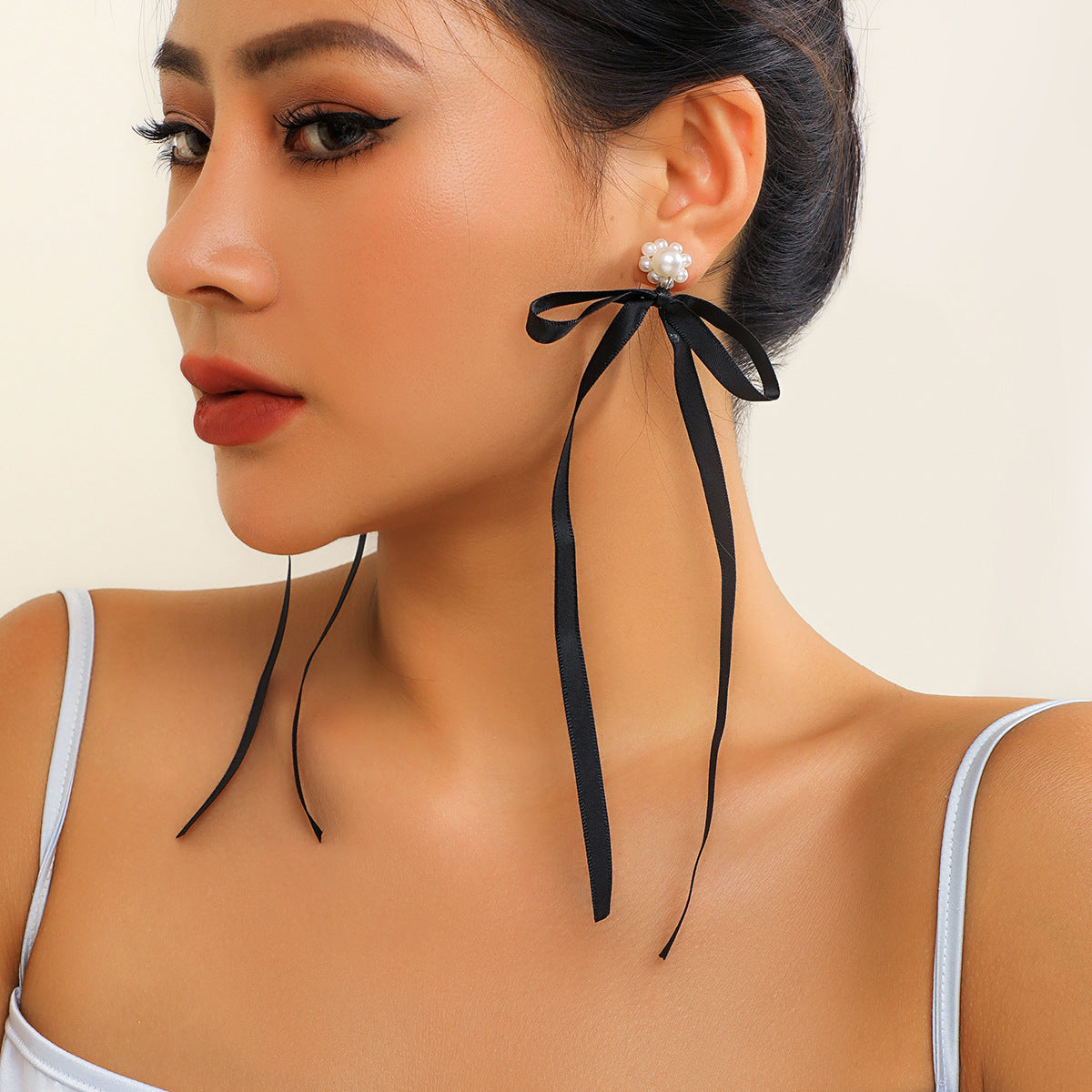 Elegant Fabric Bow Tassel Earrings with Imitation Pearl and Crystal Floral Studs for Women