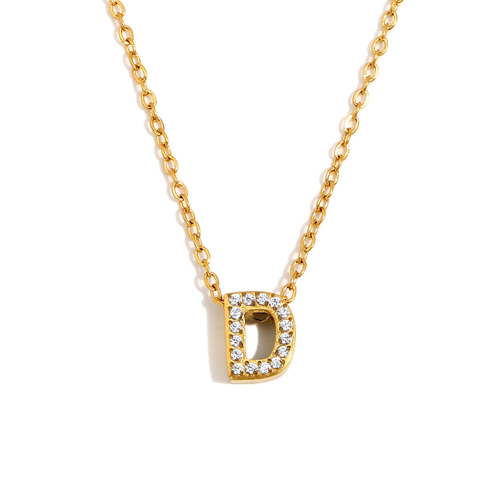 Minimalist Fashion Letter Pendant Necklace for Women Stainless Steel with 18K Gold Plating and Rhinestone Inlay