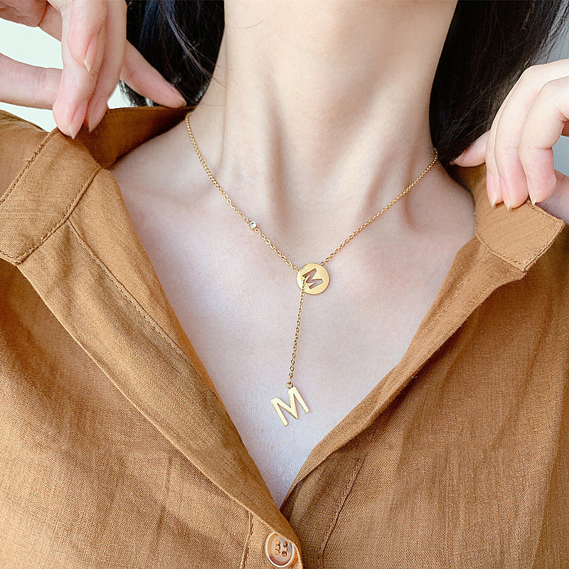 Minimalist Letter Shape Titanium Steel Necklace for Women with Adjustable O-Chain and Delicate Gold-Tone Finish