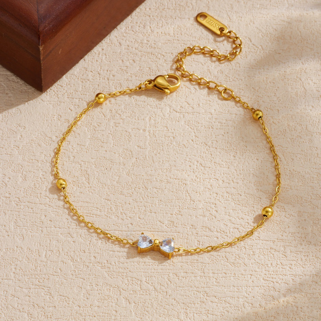Minimalist Elegant Gold Plated Rhinestone Bow Knot Stainless Steel Bracelet for Women