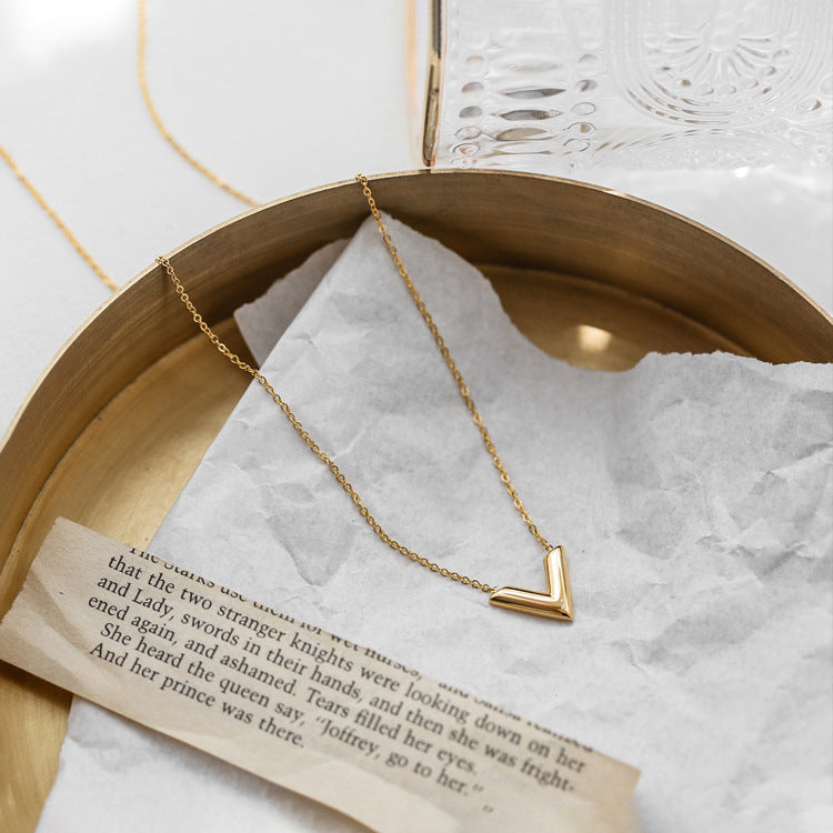 Minimalist Letter V Titanium Steel Pendant Necklace for Women with Plated Finish and Snake Chain