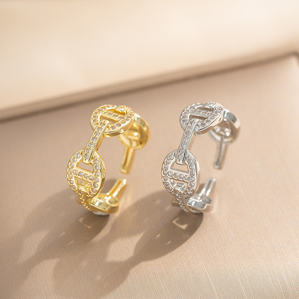 Luxury Animal-Shaped Pig Nose Open Ring for Women and Men Made of Brass with 18K Gold Plating and Zircon Inlay
