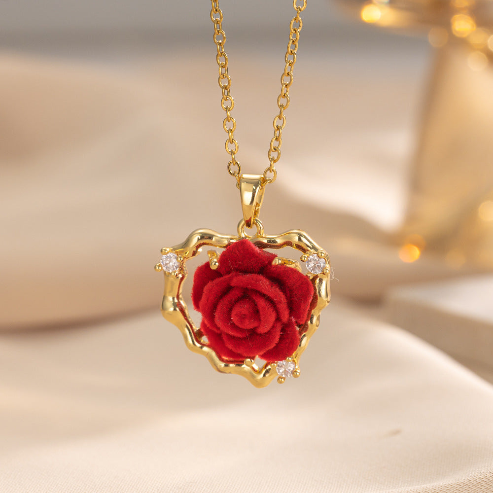 Minimalist Rose Flower Pendant Necklace for Women in Titanium Steel with Gold Plating on Snake Chain