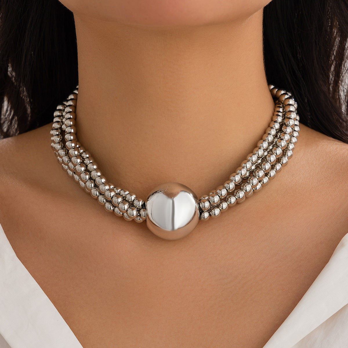 Hip-hop Plated Round Pearl Ball Chain Necklace for Women