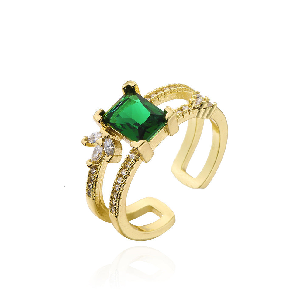 Anello minimalista geometrico in rame placcato oro 18K con zirconi verdi micro-incastonati da donna