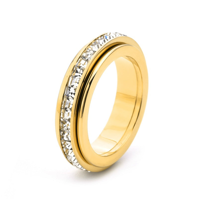 Anello girevole a doppia fascia in acciaio al titanio con zirconi cubici quadrati, design geometrico, anello alla moda per l'ufficio, per coppie