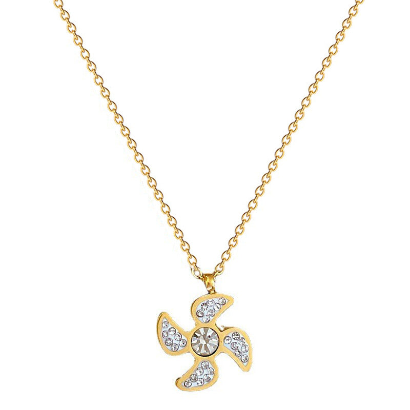 Minimalist Geometric Windmill Pendant Necklace for Women and Men in Titanium Steel with Gold Plating