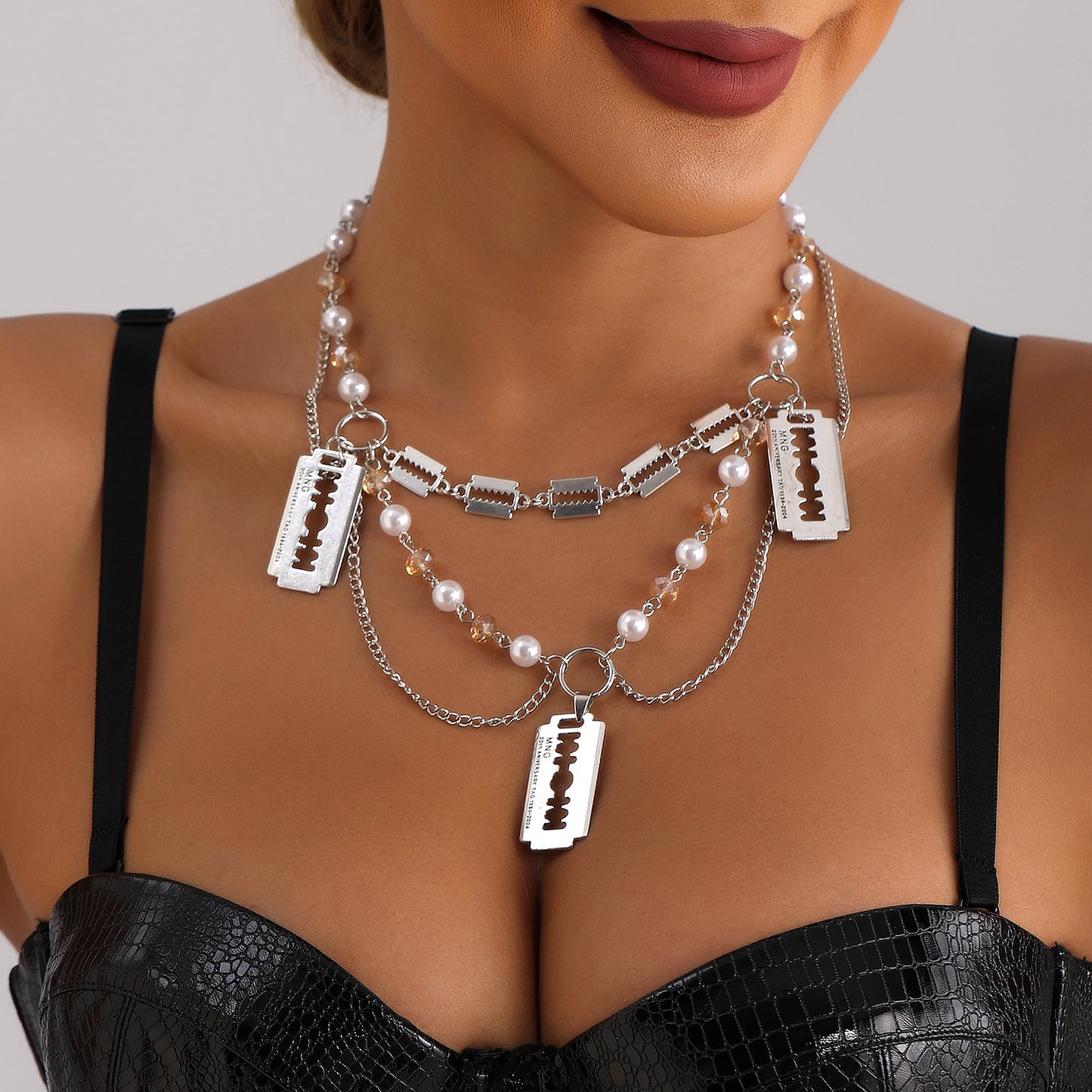 Geometric Pendant Necklace for Women with Alloy Razor Blade Charm Plated Finish and Pearl Accents