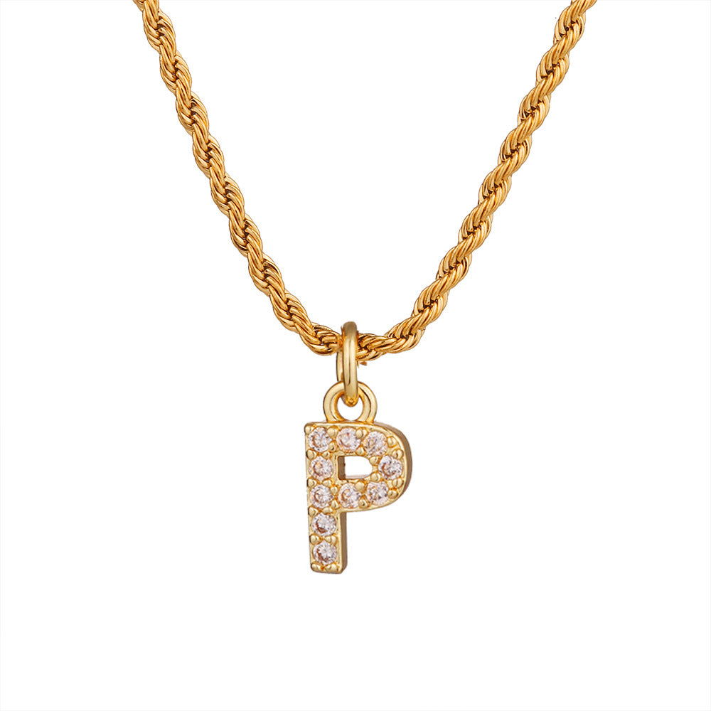 Collar con colgante de letra para mujer, minimalista, de moda, cadena trenzada de acero inoxidable con baño de oro e incrustaciones de circonita