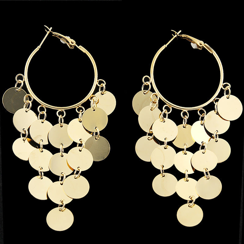 Minimalist Geometric Round Alloy Plated Tassel Earrings with Sequins
