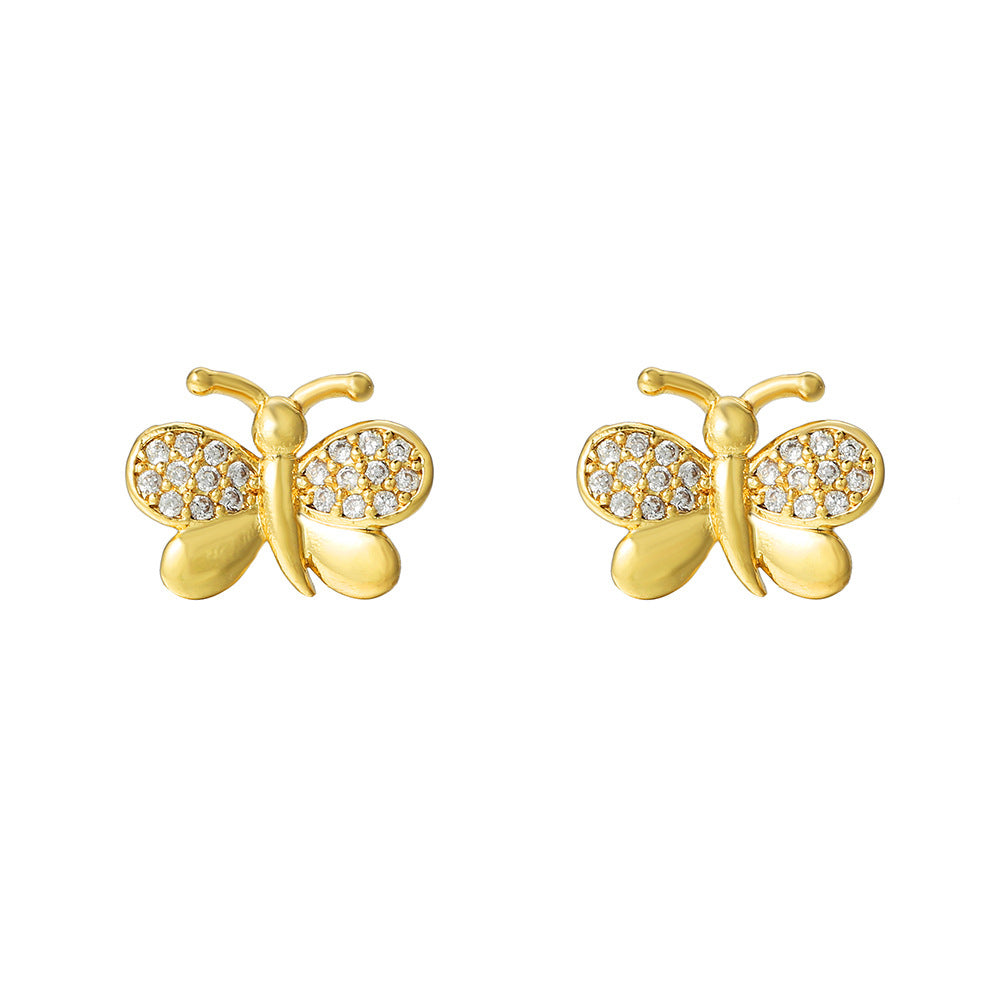 Orecchini a perno da donna a forma di farfalla, ape, croce e cuore in lega con intarsio di strass e finitura galvanica, stile fresco e minimalista