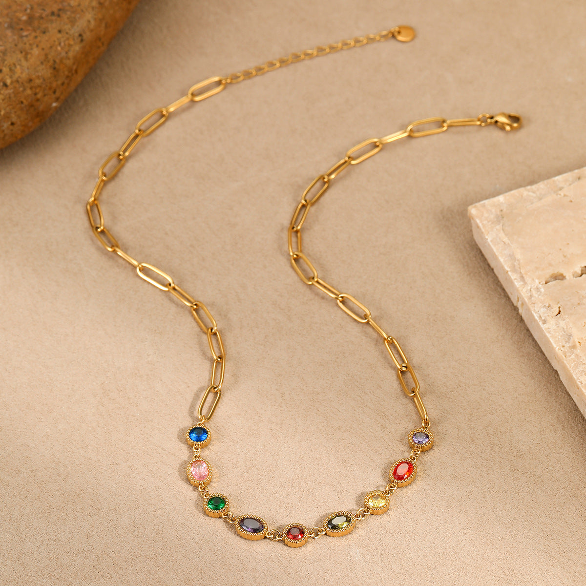 Vintage French-Style Geometric Stainless Steel Necklace with Colorful Zirconia Inlay for Women