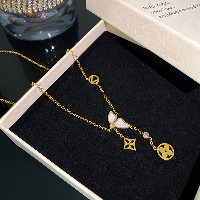 Sweet Sporty Butterfly Rhinestone Inlaid Titanium Steel Necklace with Cable Chain