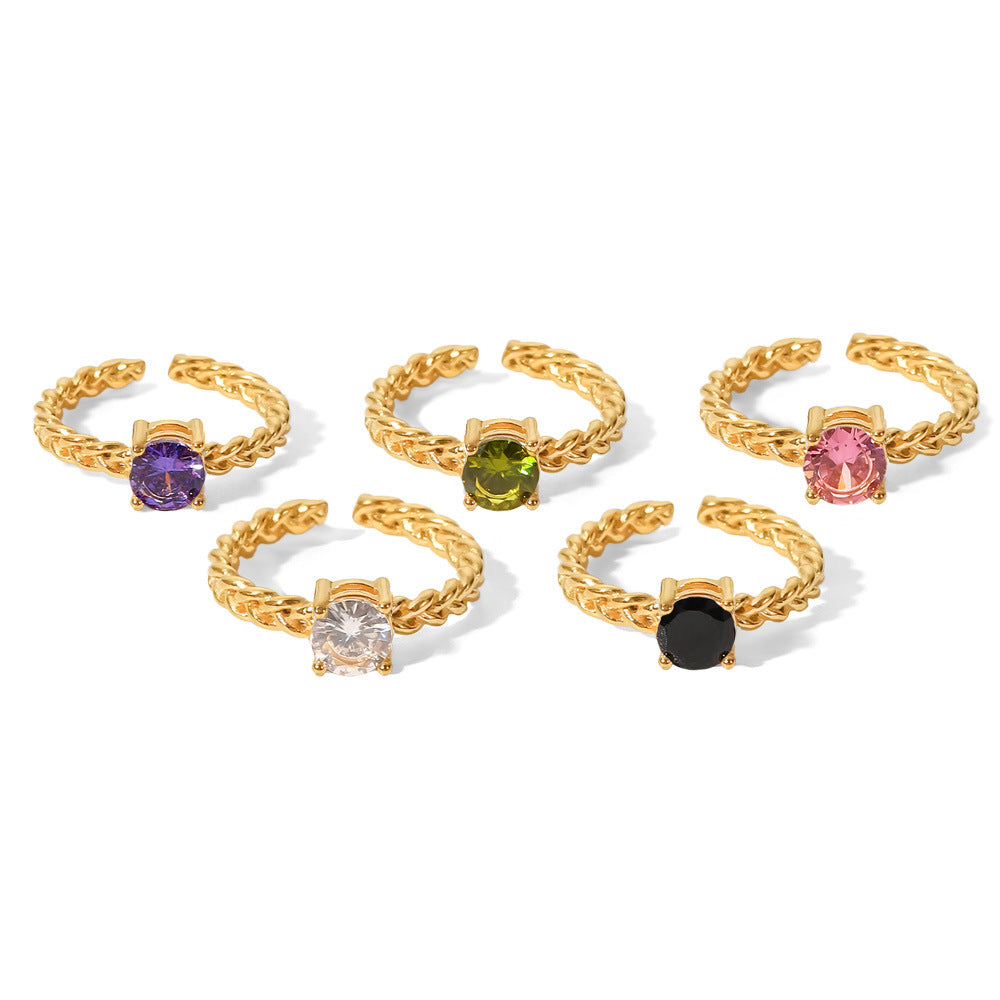 Fashionable 18K Gold Plated Stainless Steel Round Zircon Wheat Braided Adjustable Ring for Women
