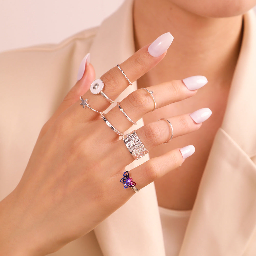 Sweet Silver Plated Alloy Butterfly Star Shell Rhinestone Crystal Geometric Ring Set