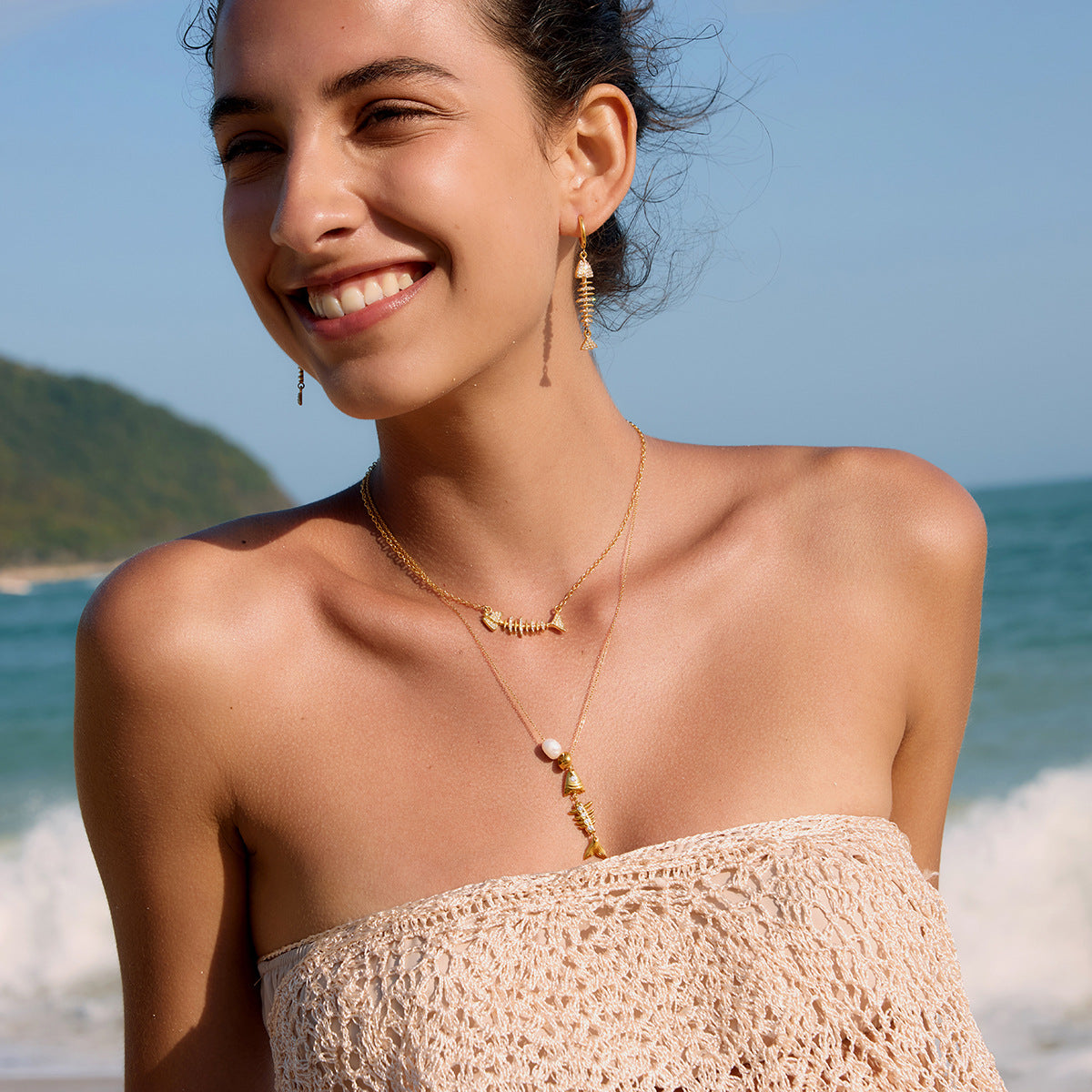 Minimalist Titanium Steel Fish Bone Pendant Necklace and Earring Set Gold Plated Stainless Steel Jewelry for Women