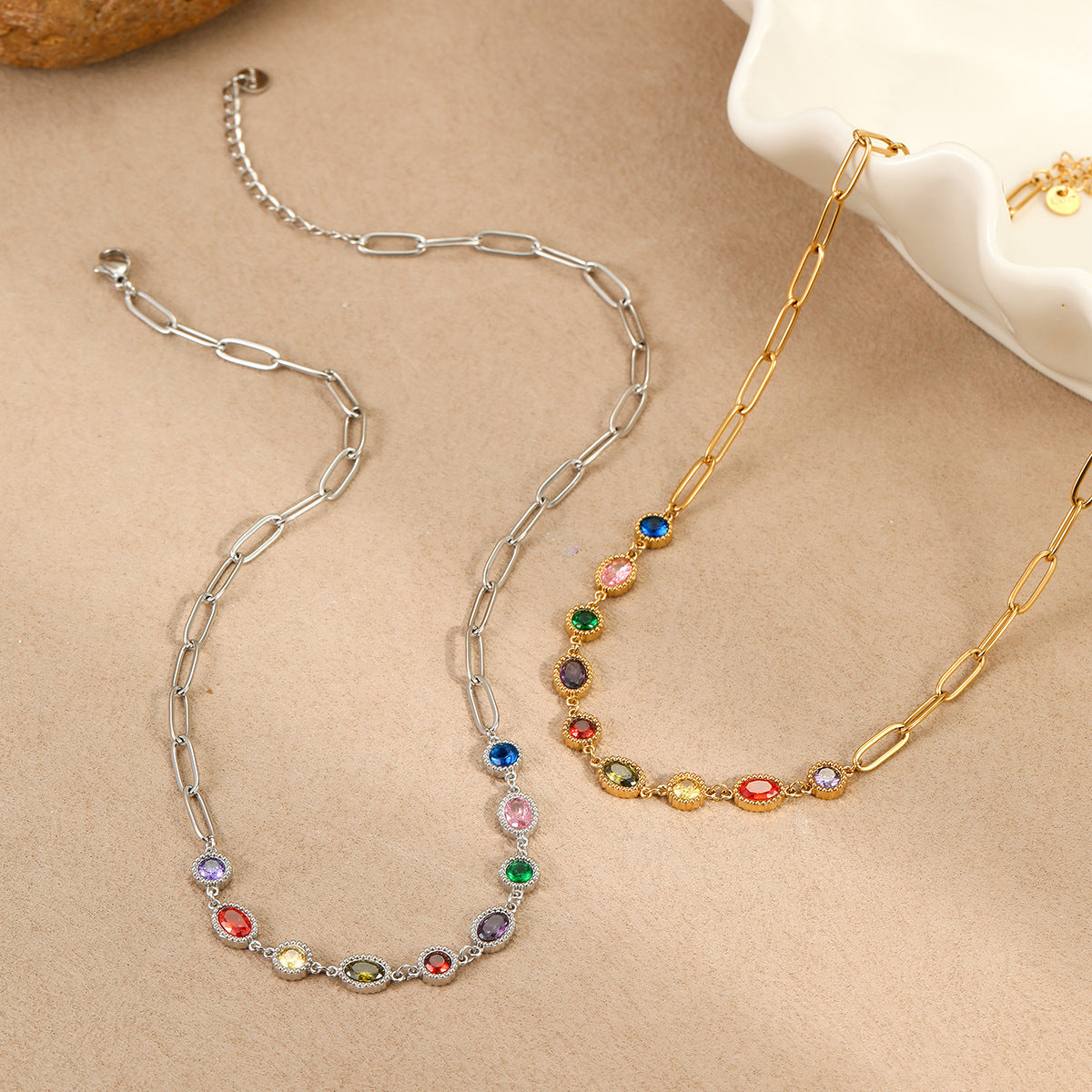 Vintage French-Style Geometric Stainless Steel Necklace with Colorful Zirconia Inlay for Women