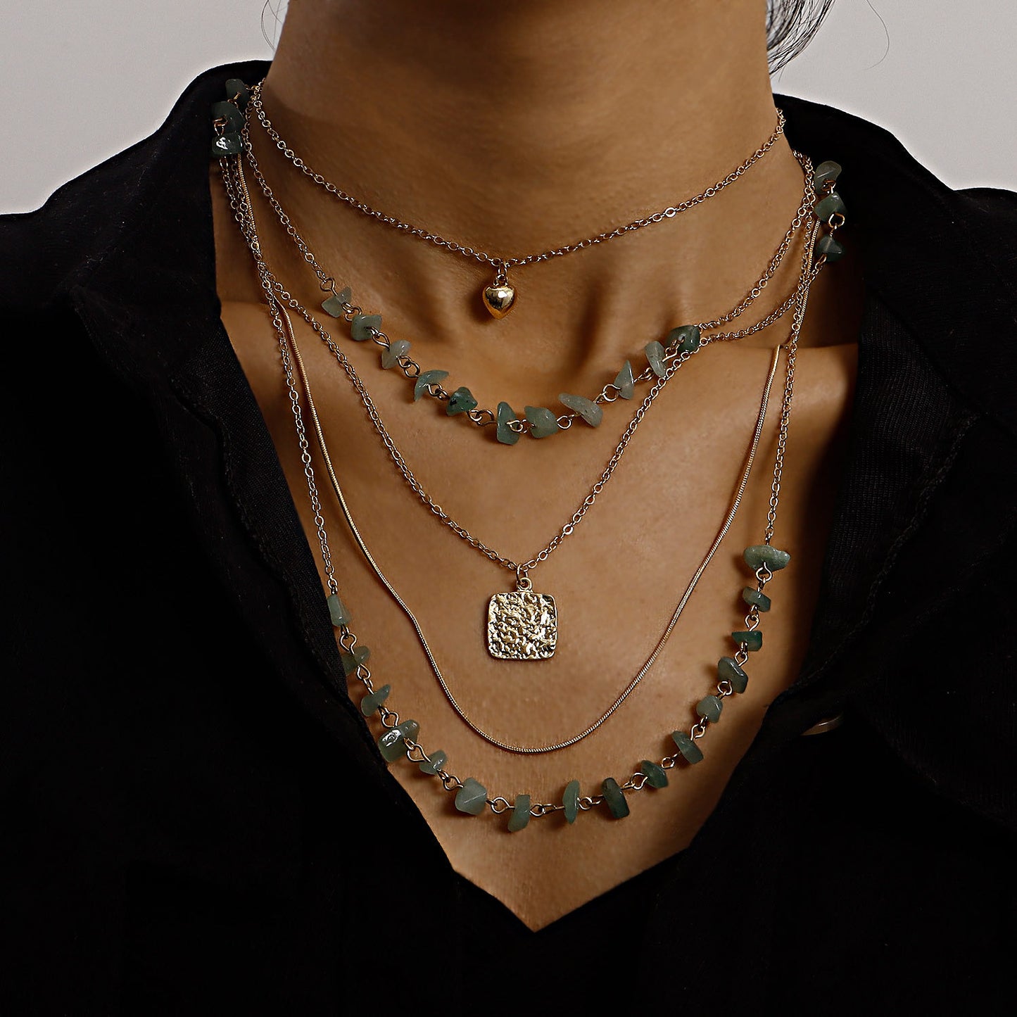 Vintage Multi-Layer Snake Chain Necklace with Mini Heart Pendant, Turquoise Square Inlay, Alloy Construction, Electroplated Finish for Women