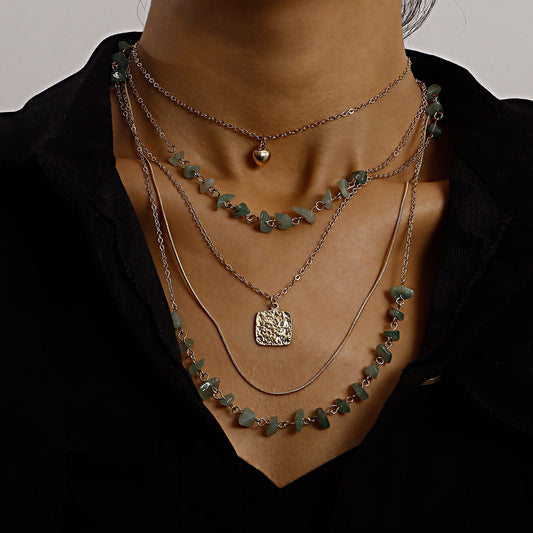 Vintage Multi-Layer Snake Chain Necklace with Mini Heart Pendant, Turquoise Square Inlay, Alloy Construction, Electroplated Finish for Women