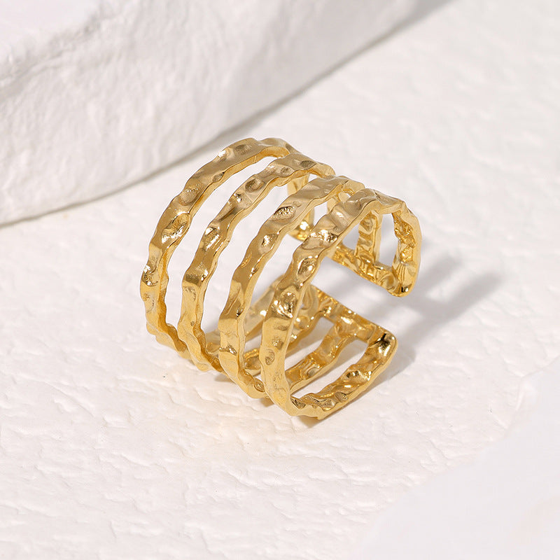 Minimalist Geometric Stainless Steel Ring with Irregular Hammered Texture and Plated Finish for Women