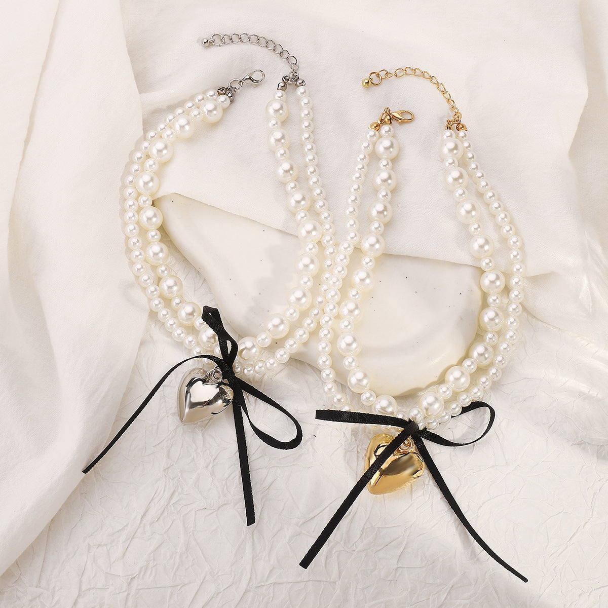 Sweet and Edgy Heart-Shaped Imitation Pearl Pendant Necklace with Satin Ribbon Bow and Double-Layer Design for Women