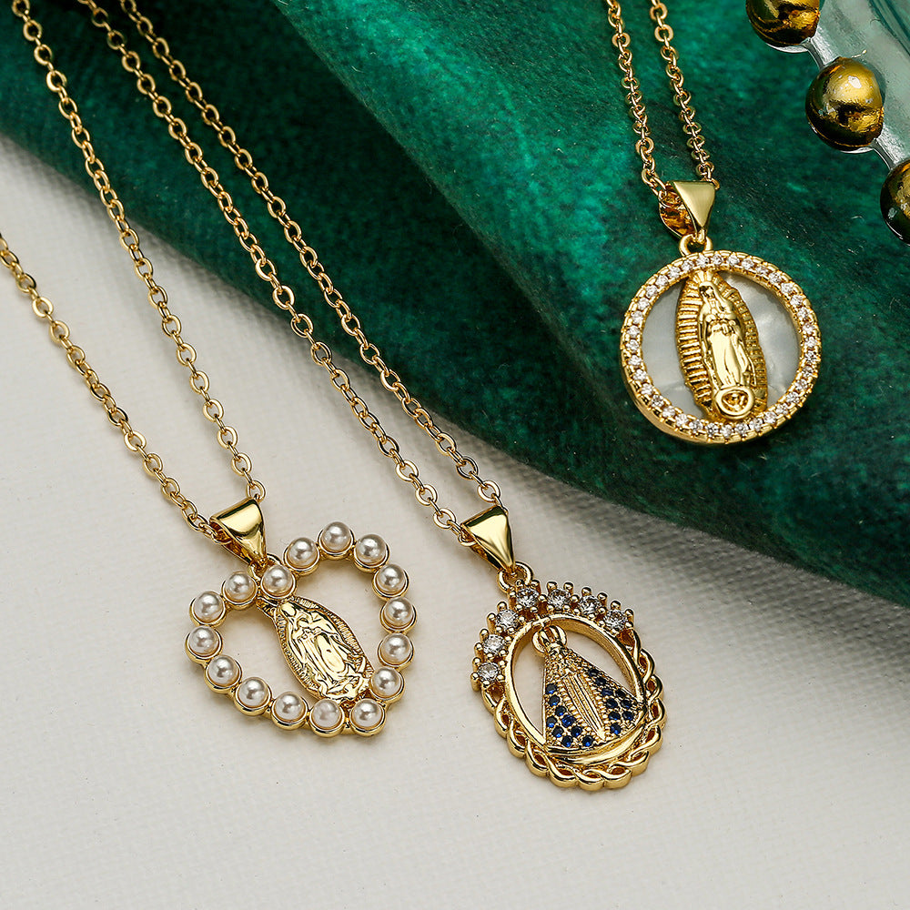 Geometric Saint Mary Pendant Necklace for Women with Copper Base Plated in Real Gold Inlaid with Zircon and Pearl Accents
