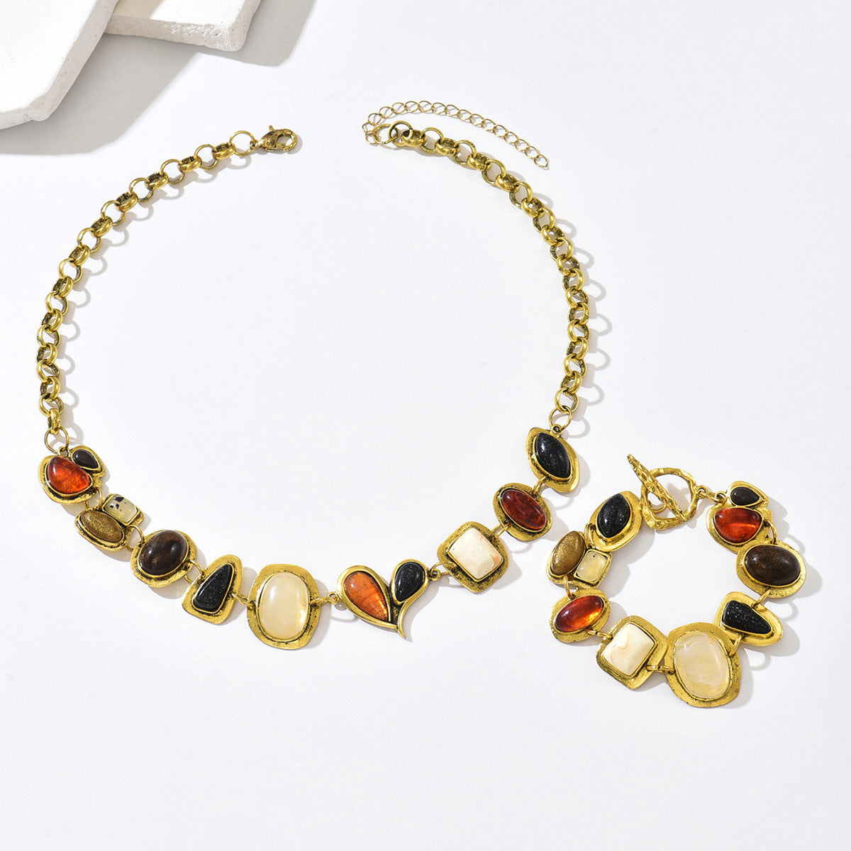 Luxury Geometric Shape Alloy Necklace and Bracelet Set with Gemstone Inlay for Women