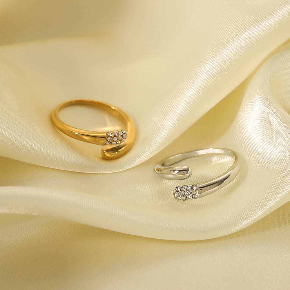 INS Style Geometric Stainless Steel Ring with Zirconia Inlay and 18K Gold Vacuum Plating for Women