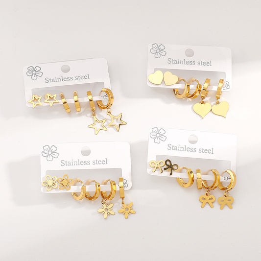 Minimalist Stainless Steel Star Heart Floral Hoop Earrings with Hollow Design and Plated Finish