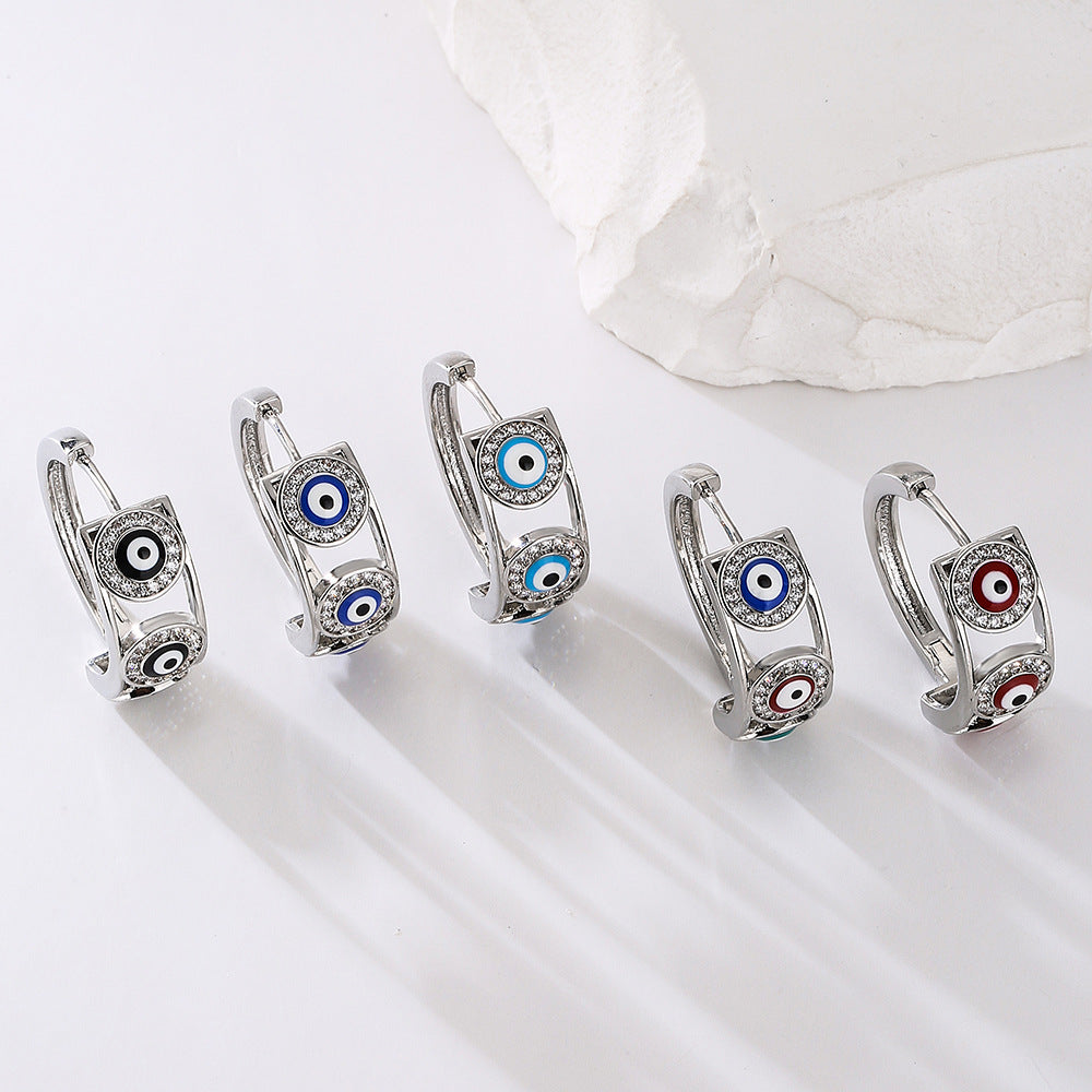 Vintage Style Geometric Copper Ear Cuffs with White Gold Plating and Micro-Paved Zirconia Evil Eye Design
