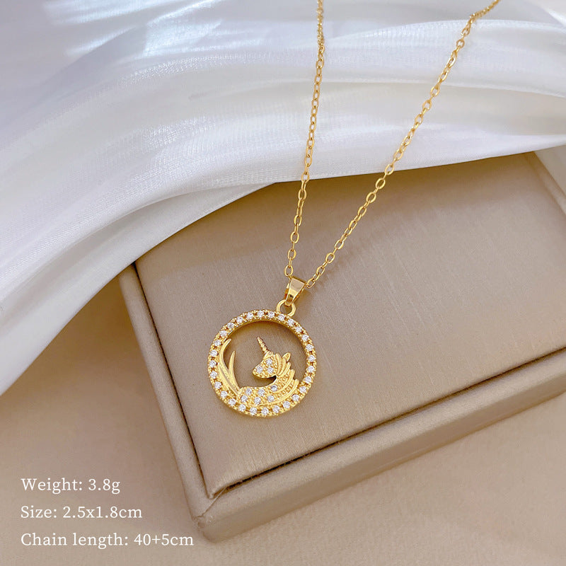Minimalist Unicorn Pendant Necklace in Titanium Steel with Zircon Inlay for Women and Men, Delicate Clavicle Chain with Geometric Design and Moon Motif