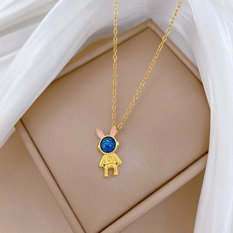 Sweet Cartoon Geometric Moon Astronaut Rabbit Rhinestone Pendant Titanium Steel Necklace for Unisex
