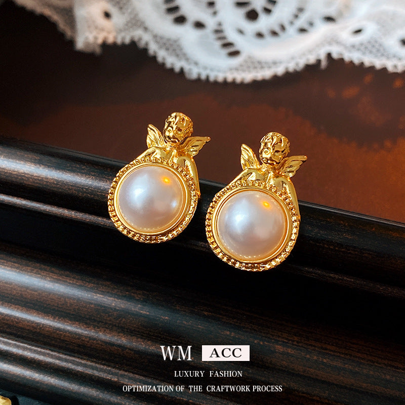 Vintage Angel Earrings for Women with Pearl Accents, Geometric Alloy Studs, Gold-Plated Stainless Steel Posts, Hypoallergenic and Fade-Resistant