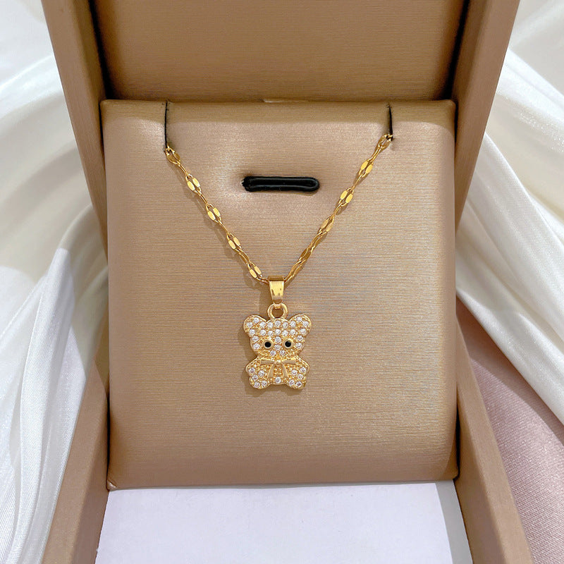 Collana con ciondolo orsetto minimalista in acciaio al titanio con intarsio di zirconi per donna e uomo