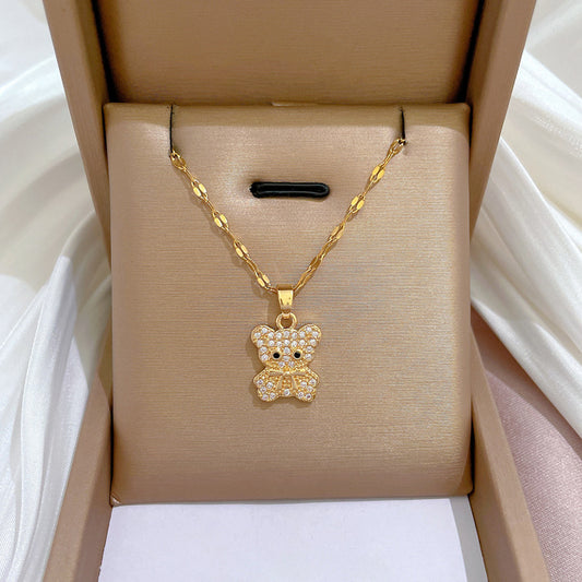 Collana con ciondolo orsetto minimalista in acciaio al titanio con intarsio di zirconi per donna e uomo