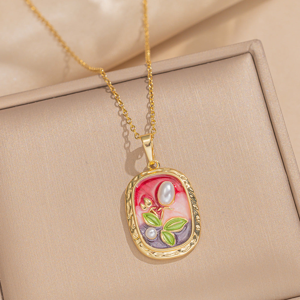 Baroque Style Leaf-Shaped Titanium Steel Necklace with Tulip Floral Motif, Vacuum-Plated for Hypoallergenic Wear, O-Chain Design