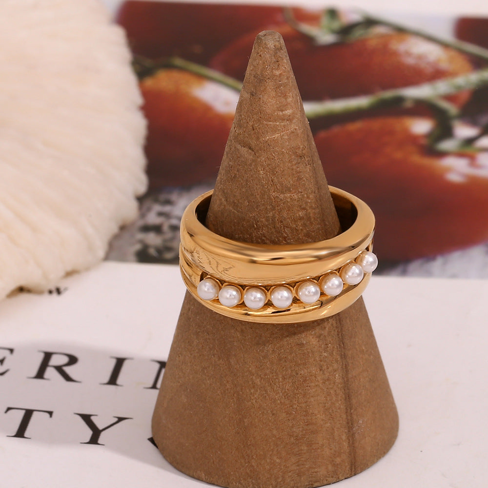 Vintage Elegant Geometric Gold Plated Stainless Steel Ring with Pearl Center for Women