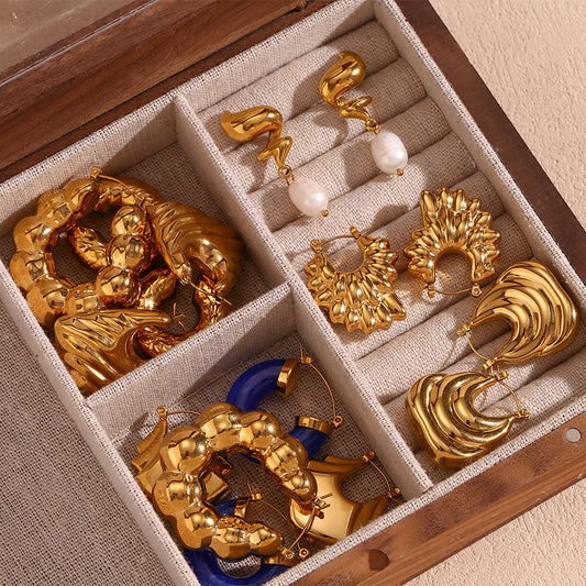 Vintage Geometric Snake-Print Stainless Steel Ear Clips with 18K Gold Plating for Women